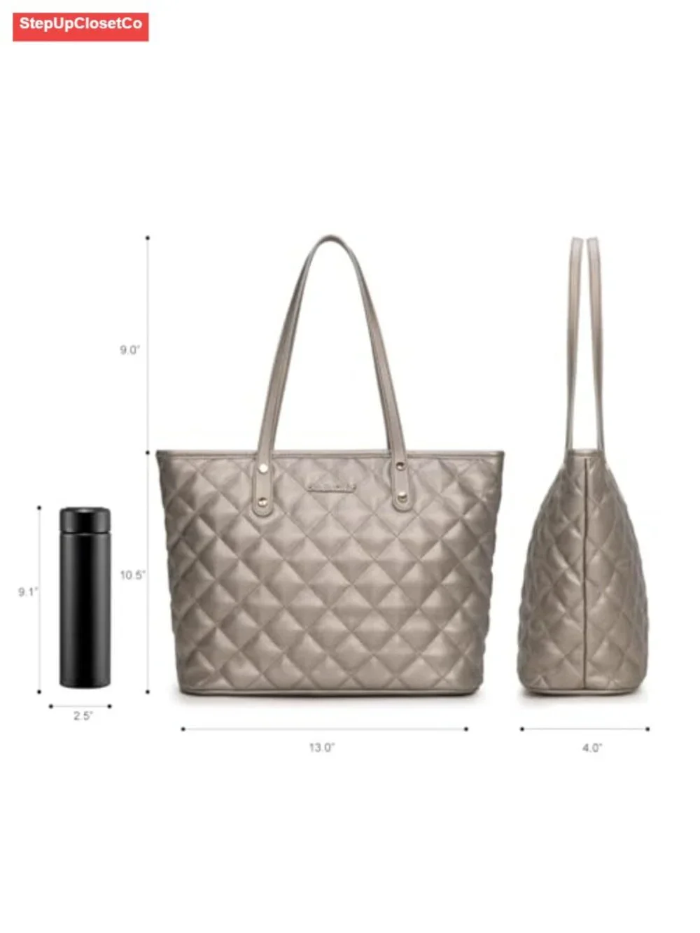 Vegan Leather Quilted Tote Bag for Women Shoulder Bag with Top Zipper